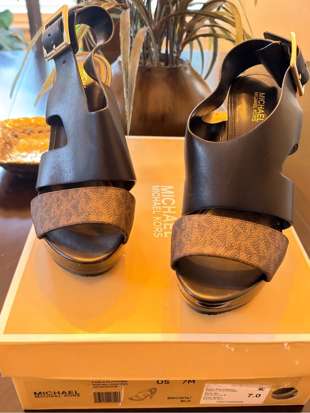 MICHAEL Michael Kors Carla Black Leather & Brown Logo-Print Wedge Sandals